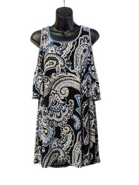 Lildy Cold Shoulder Tunic Top L XL Paisley Blue Black Flutter Sleeve Flowy Boho